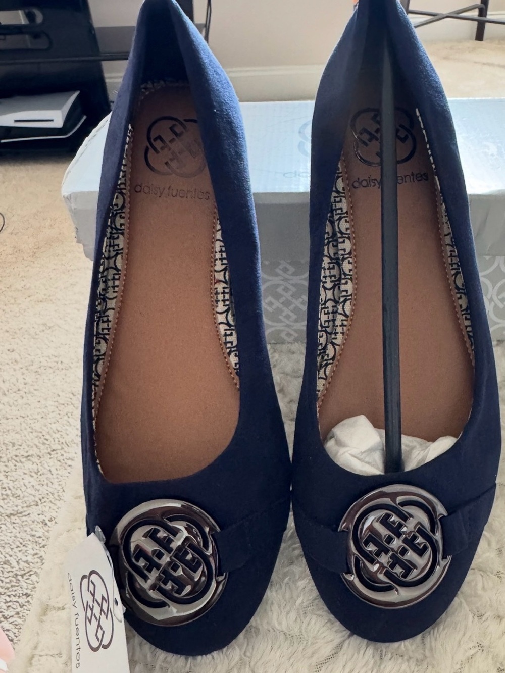 Daisy Fuentes Navy Suede Ballet Flats with Silver Medallion